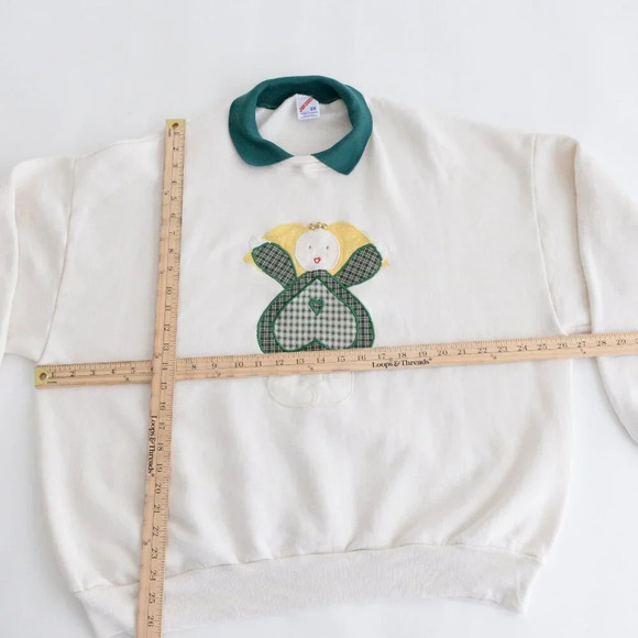 Vintage Jerzees Cream Angel Embroidered Green Collared  Crewneck Sweater 2X - Picture 4 of 11
